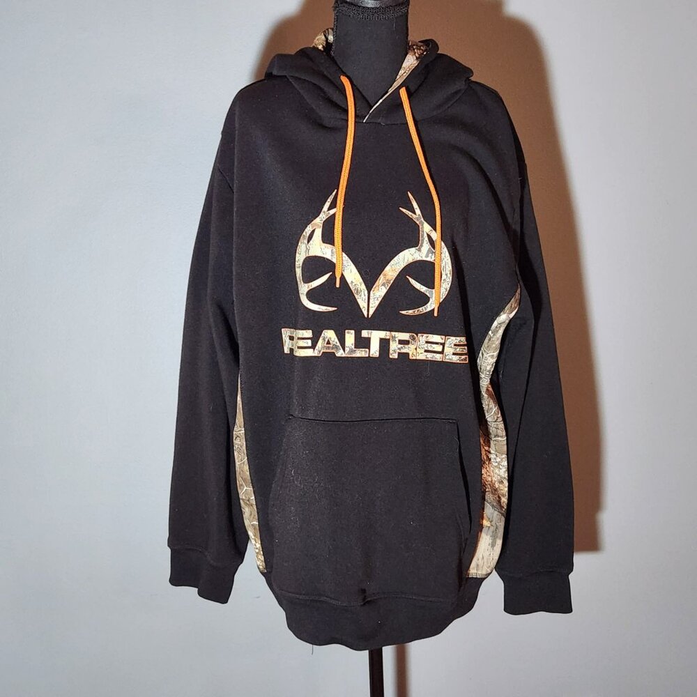 Realtree Men’s XL Black Camo Hoodie Orange Drawstring Pullover Sweatshirt